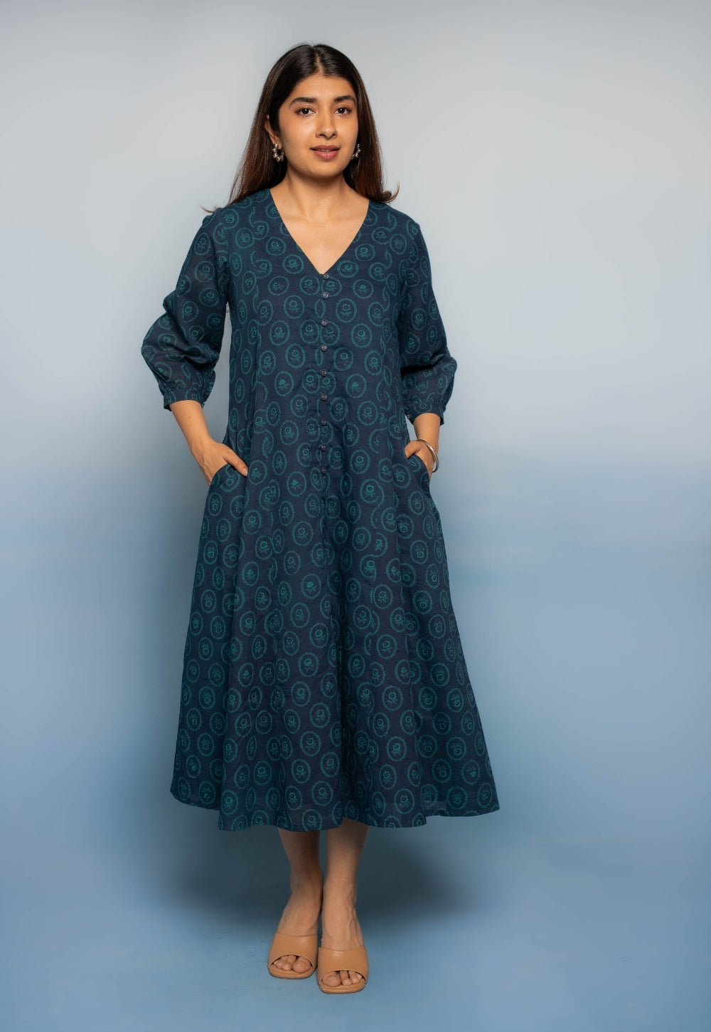 Aania Blue Dabu Mul Cotton A Line Dress