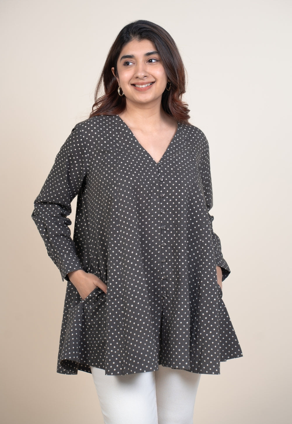 Chahat Grey Ajrakh Cotton A Line Short Top