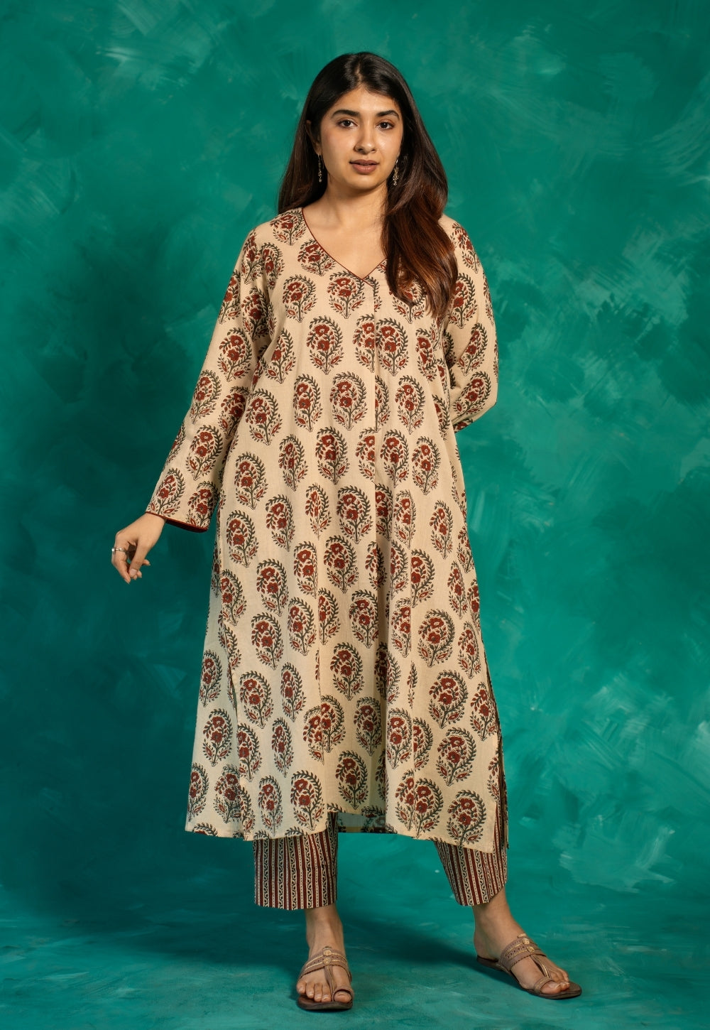 Raila Beige Bagru Cotton Straight Kurta