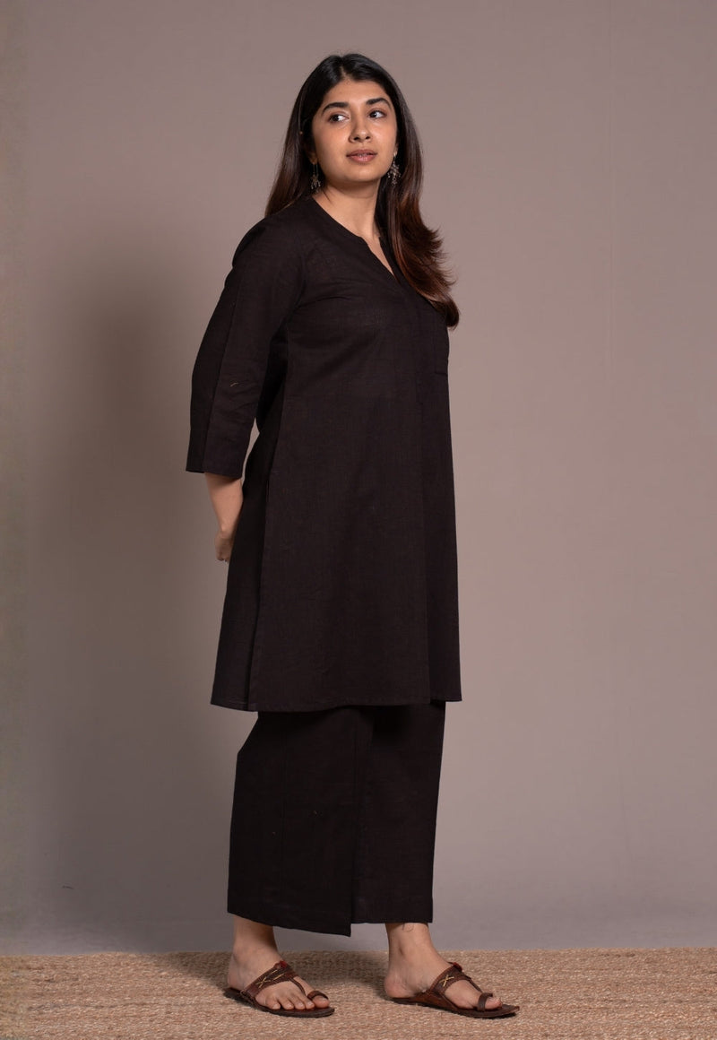 Dark Brown Solid Slub Cotton Straight Co-Ord Set- DyeVerse