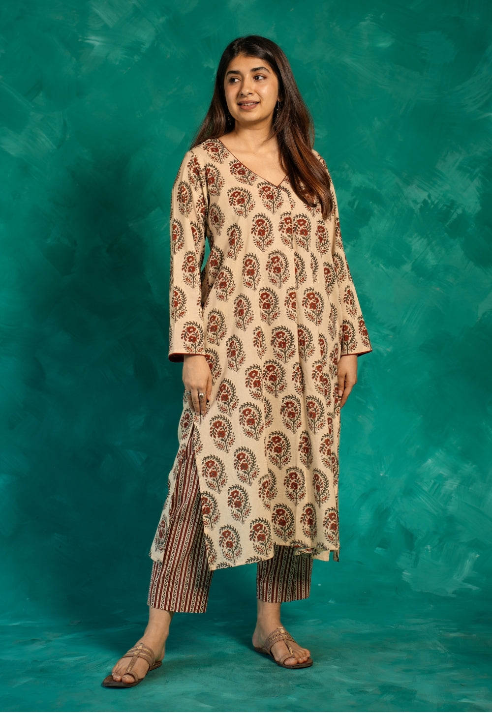 Raila Beige Bagru Cotton Straight Kurta