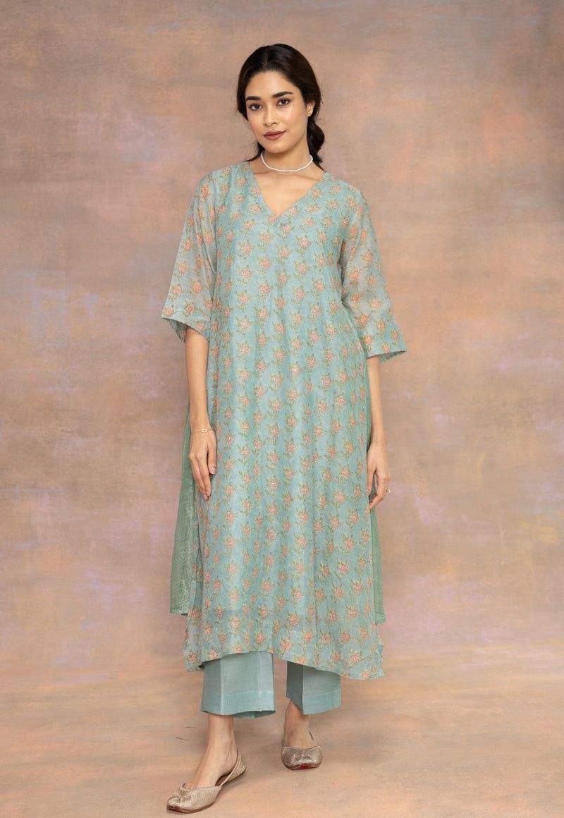 Rosalia Blue Sanganeri Chanderi Silk A Line Kurta with Hand Embroidery, Mukaish Detailing and Slip