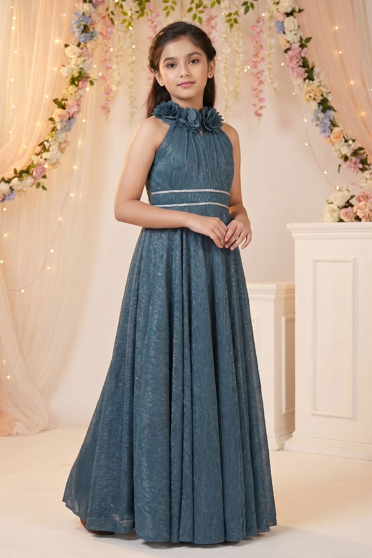 Blue High-Neck Floral Emblished  Full-Length Party Gown For Girls