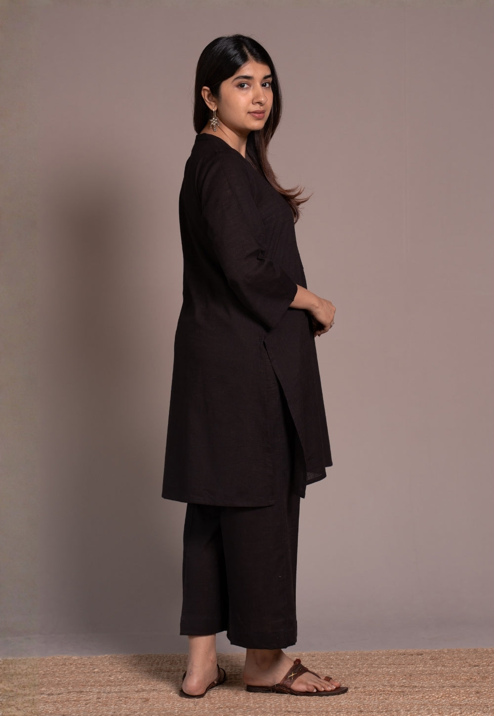 Dark Brown Solid Slub Cotton Straight Co-Ord Set- DyeVerse