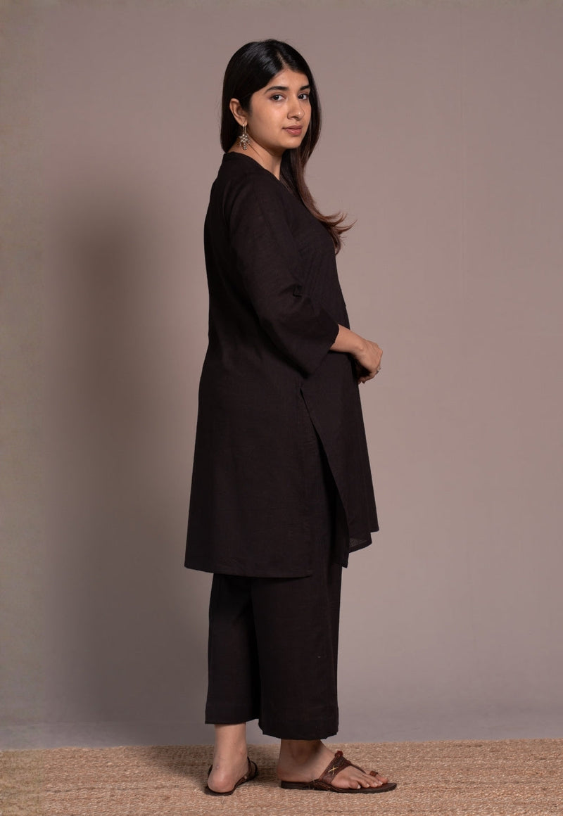 Dark Brown Solid Slub Cotton Straight Co-Ord Set- DyeVerse