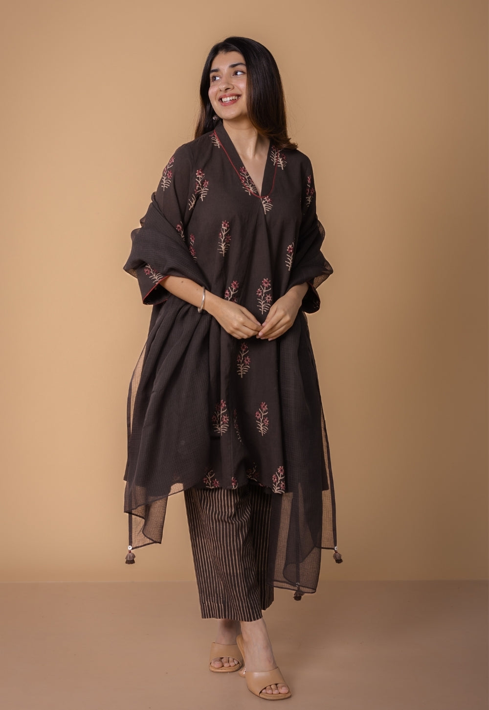 Amairaa Brown Dabu Slub Cotton A Line Kurta
