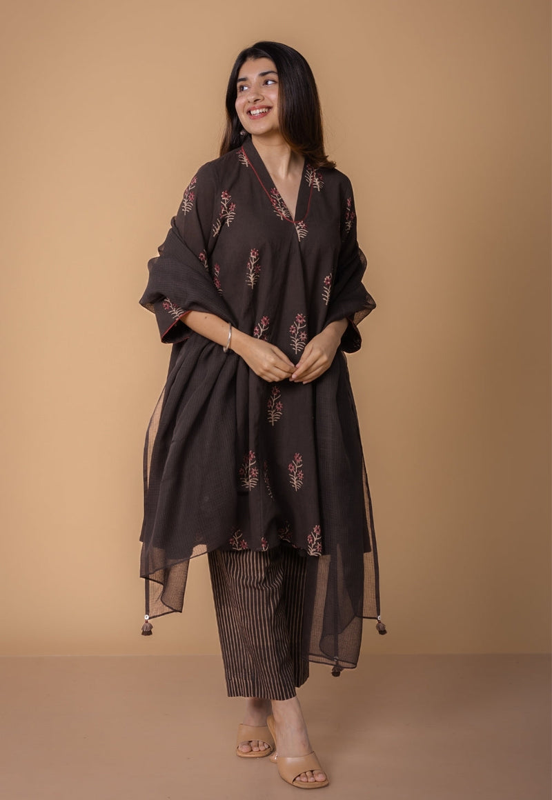 Amairaa Brown Dabu Slub Cotton A Line Kurta