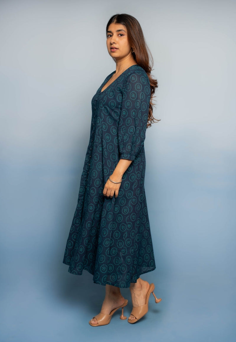 Aania Blue Dabu Mul Cotton A Line Dress