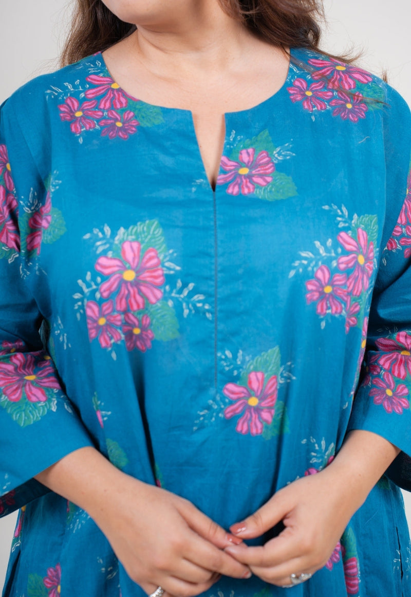 Amisha Ink Blue Printed Mul Jhabbha Kali Kurta