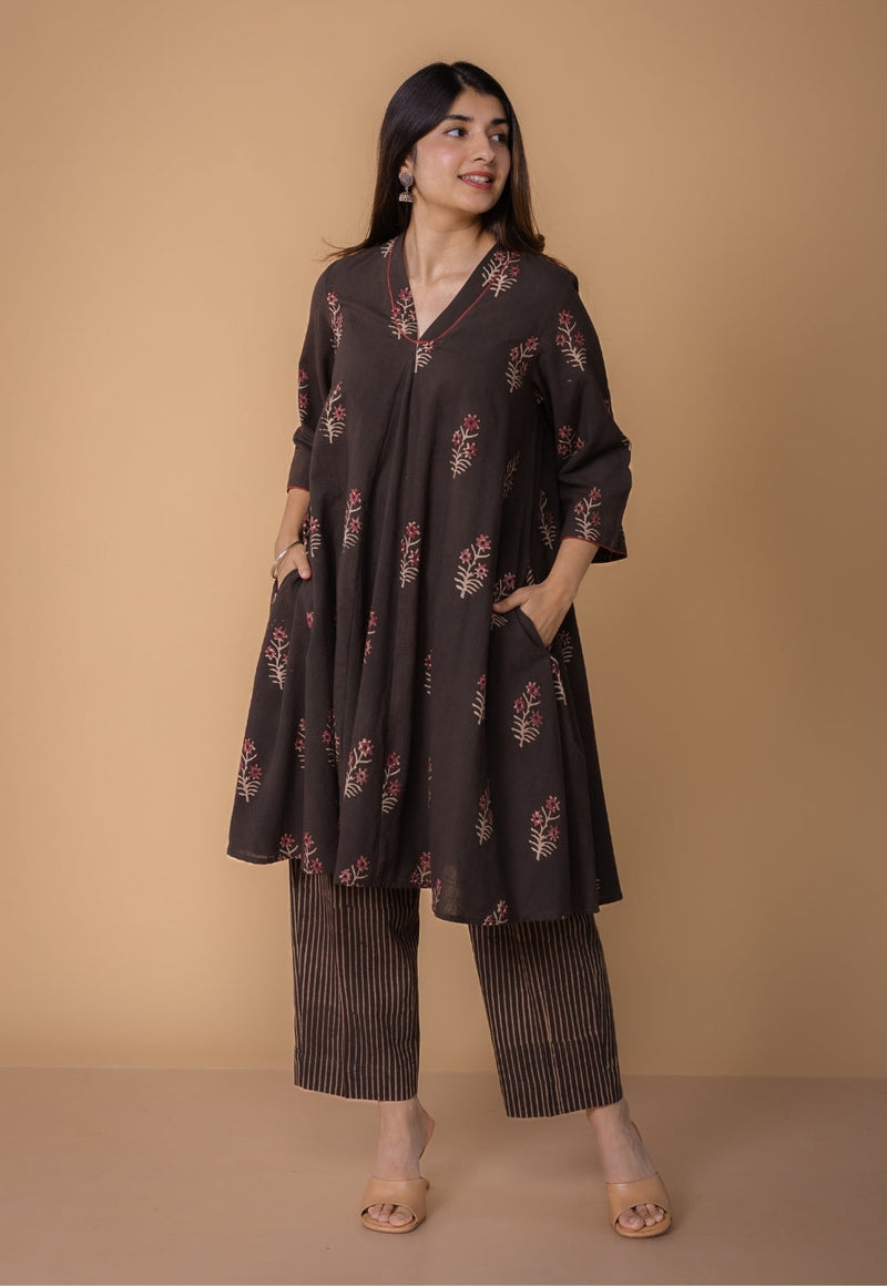 Amairaa Brown Dabu Slub Cotton A Line Kurta