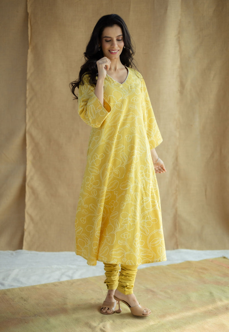 Zoya Mustard Hand Block Print Slub Cotton A Line Kurta with Hand Embroidery