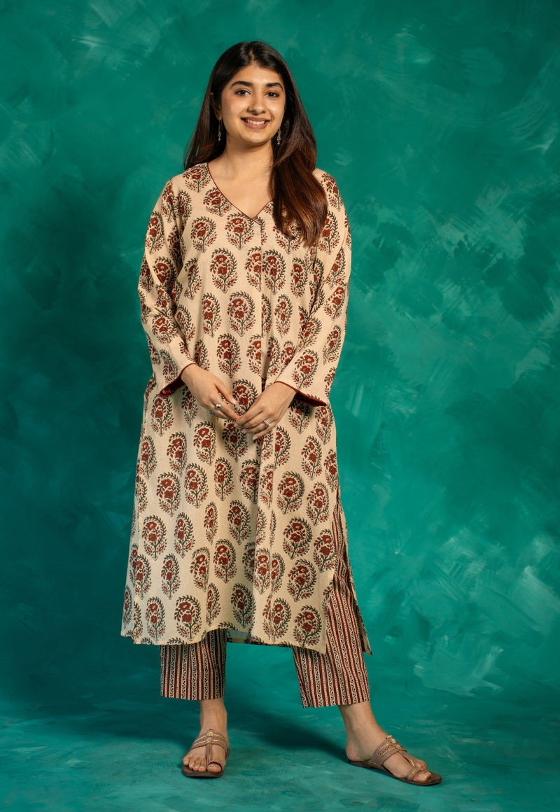 Raila Beige Bagru Cotton Straight Kurta