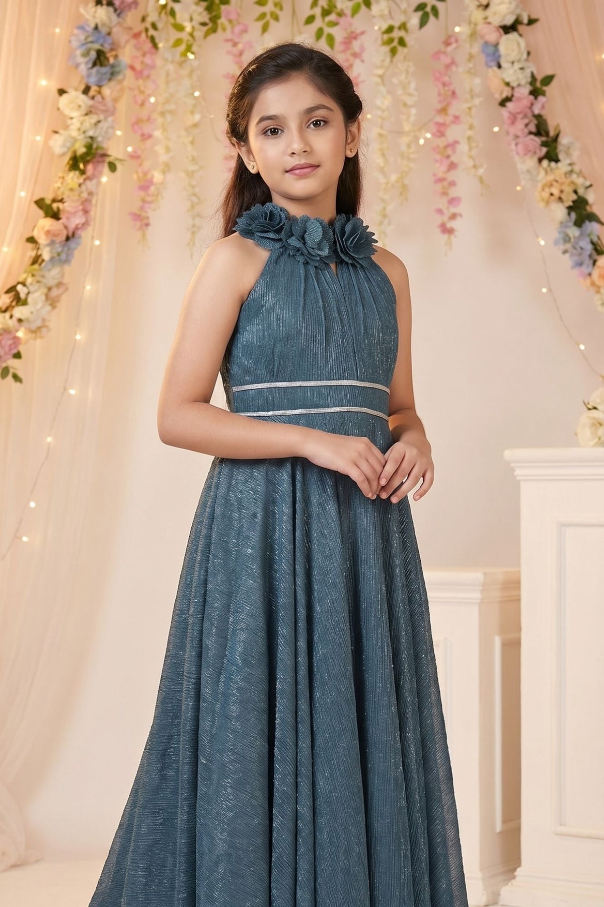 Blue High-Neck Floral Emblished  Full-Length Party Gown For Girls
