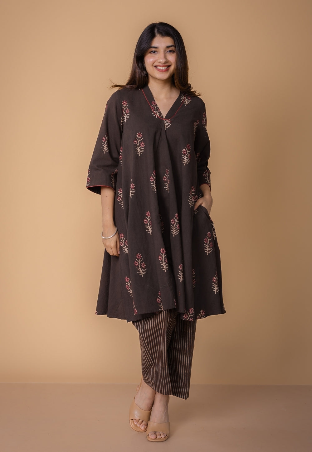 Amairaa Brown Dabu Slub Cotton A Line Kurta