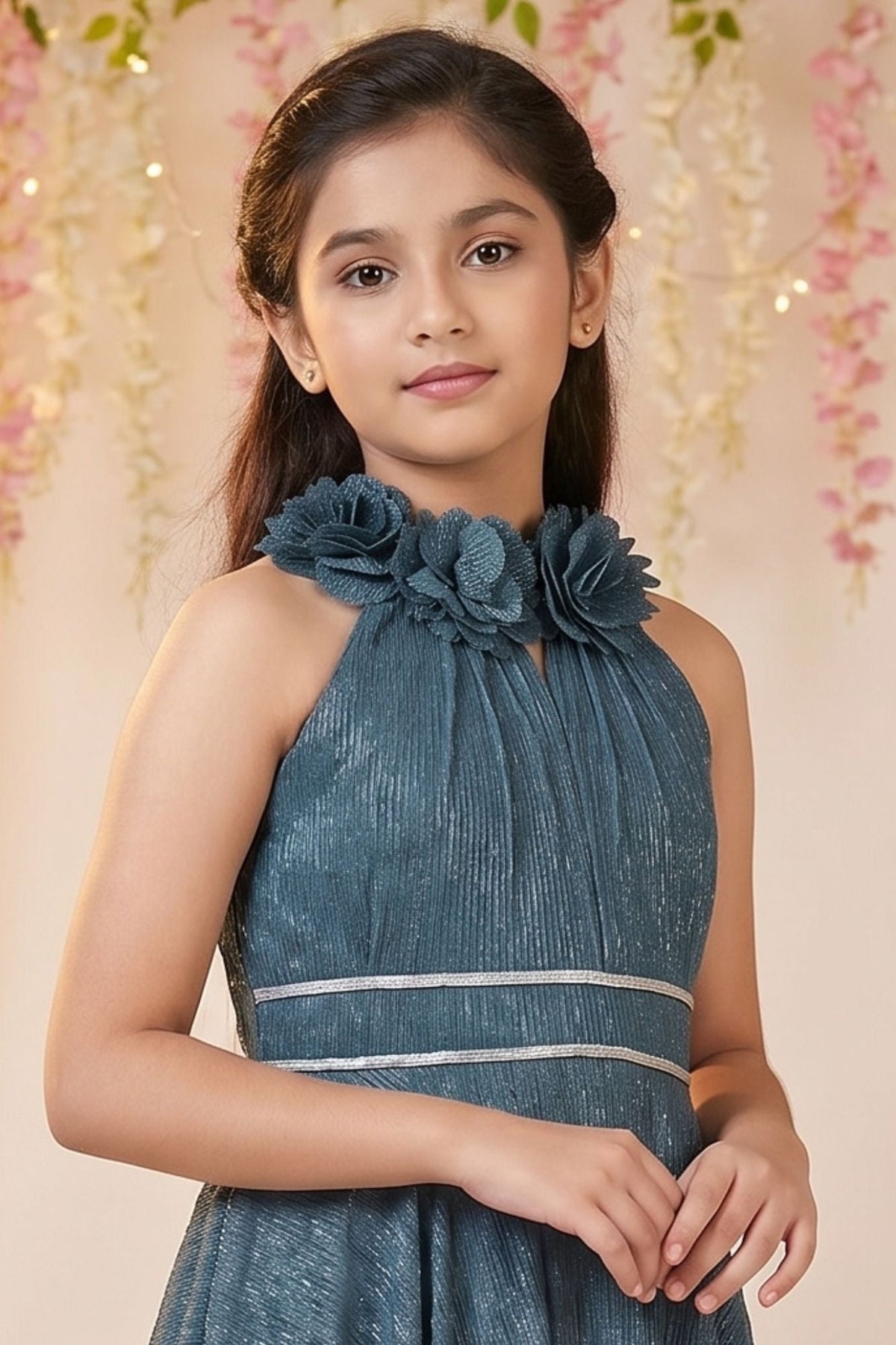 Blue High-Neck Floral Emblished  Full-Length Party Gown For Girls