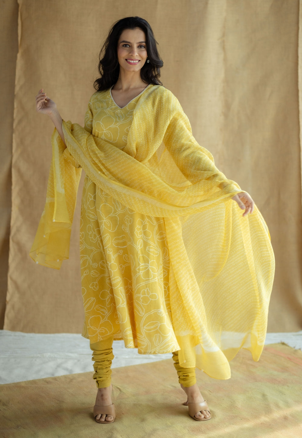 Zoya Mustard Hand Block Print Slub Cotton A Line Kurta with Hand Embroidery