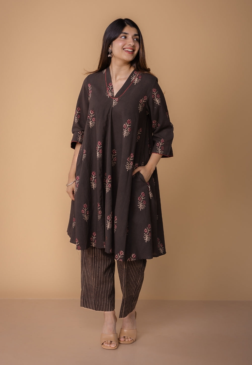 Amairaa Brown Dabu Slub Cotton A Line Kurta