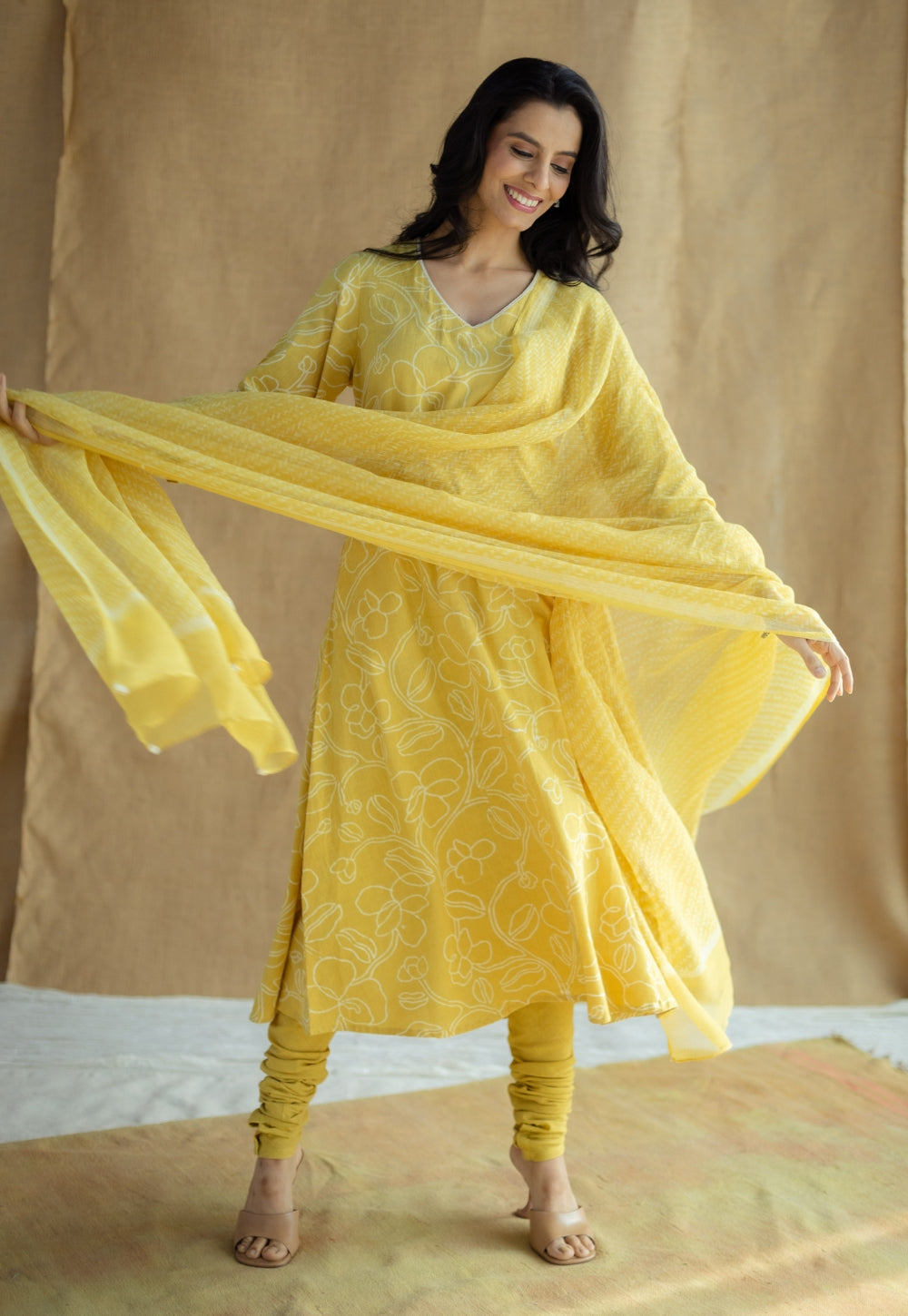 Zoya Mustard Hand Block Print Slub Cotton A Line Kurta with Hand Embroidery