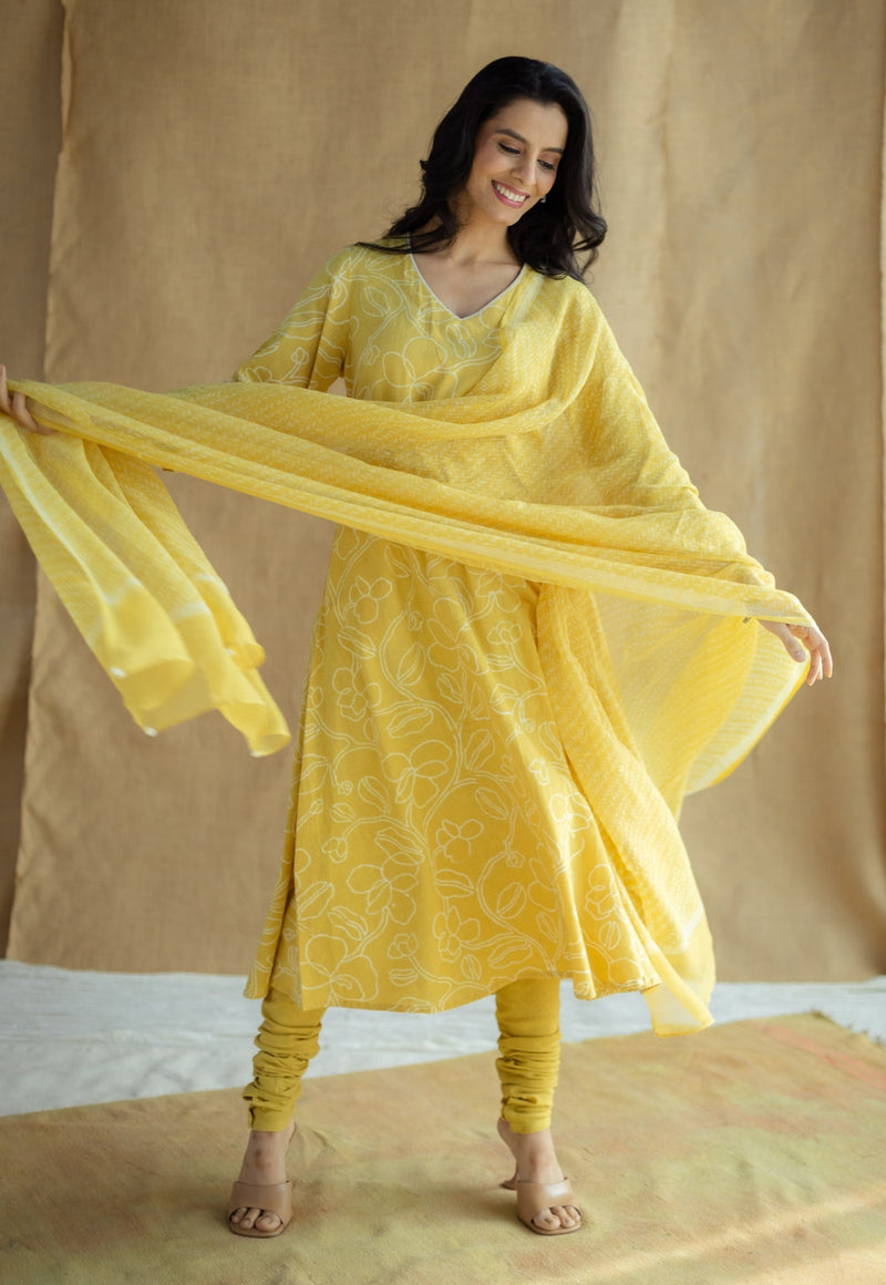 Zoya Mustard Hand Block Print Slub Cotton A Line Kurta with Hand Embroidery