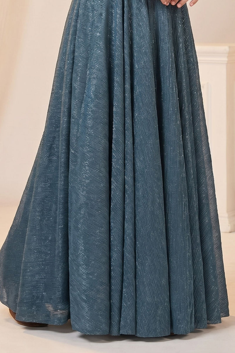 Blue High-Neck Floral Emblished  Full-Length Party Gown For Girls