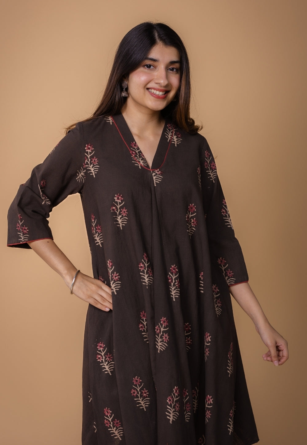 Amairaa Brown Dabu Slub Cotton A Line Kurta