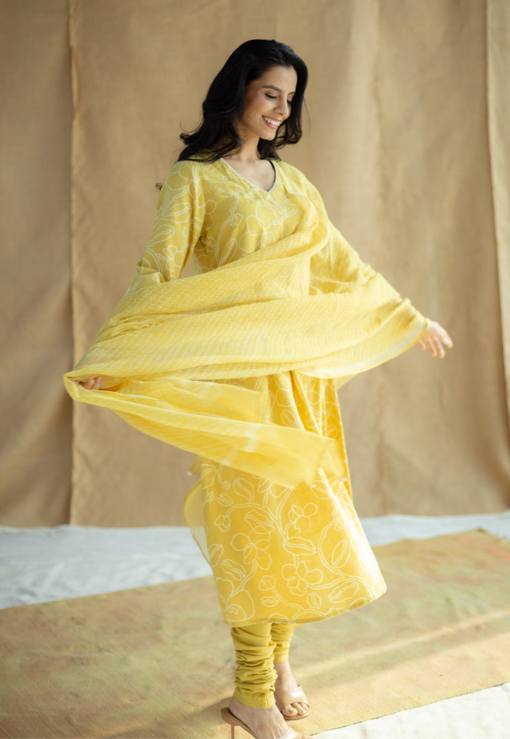 Zoya Mustard Hand Block Print Slub Cotton A Line Kurta with Hand Embroidery