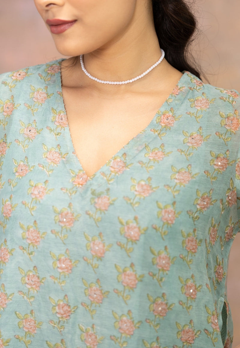 Rosalia Blue Sanganeri Chanderi Silk A Line Kurta with Hand Embroidery, Mukaish Detailing and Slip