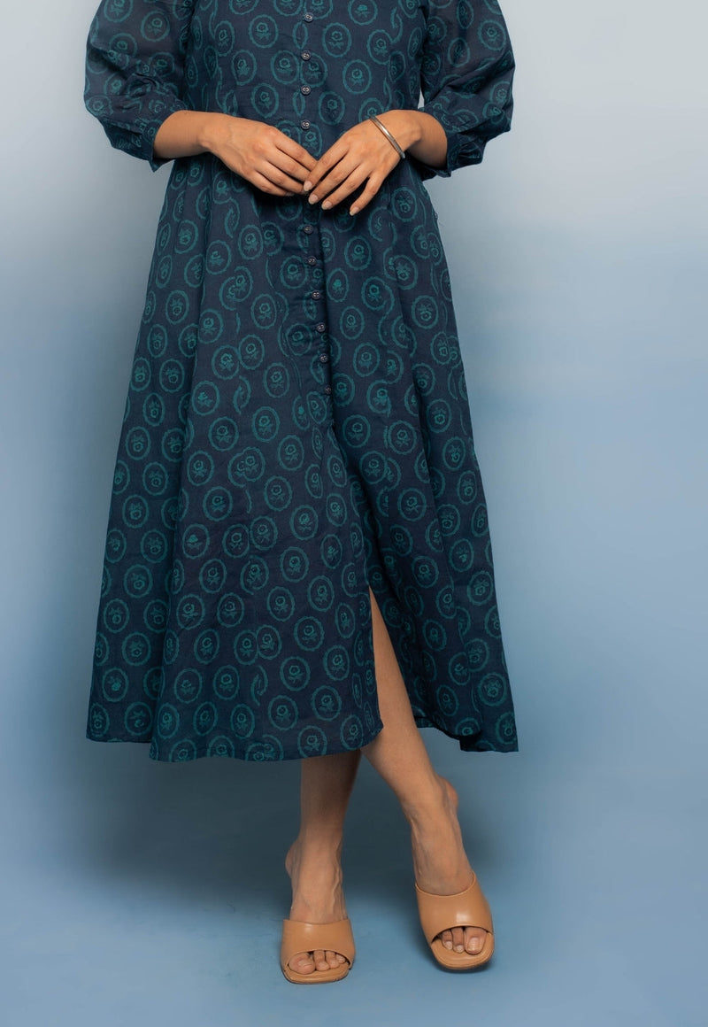 Aania Blue Dabu Mul Cotton A Line Dress