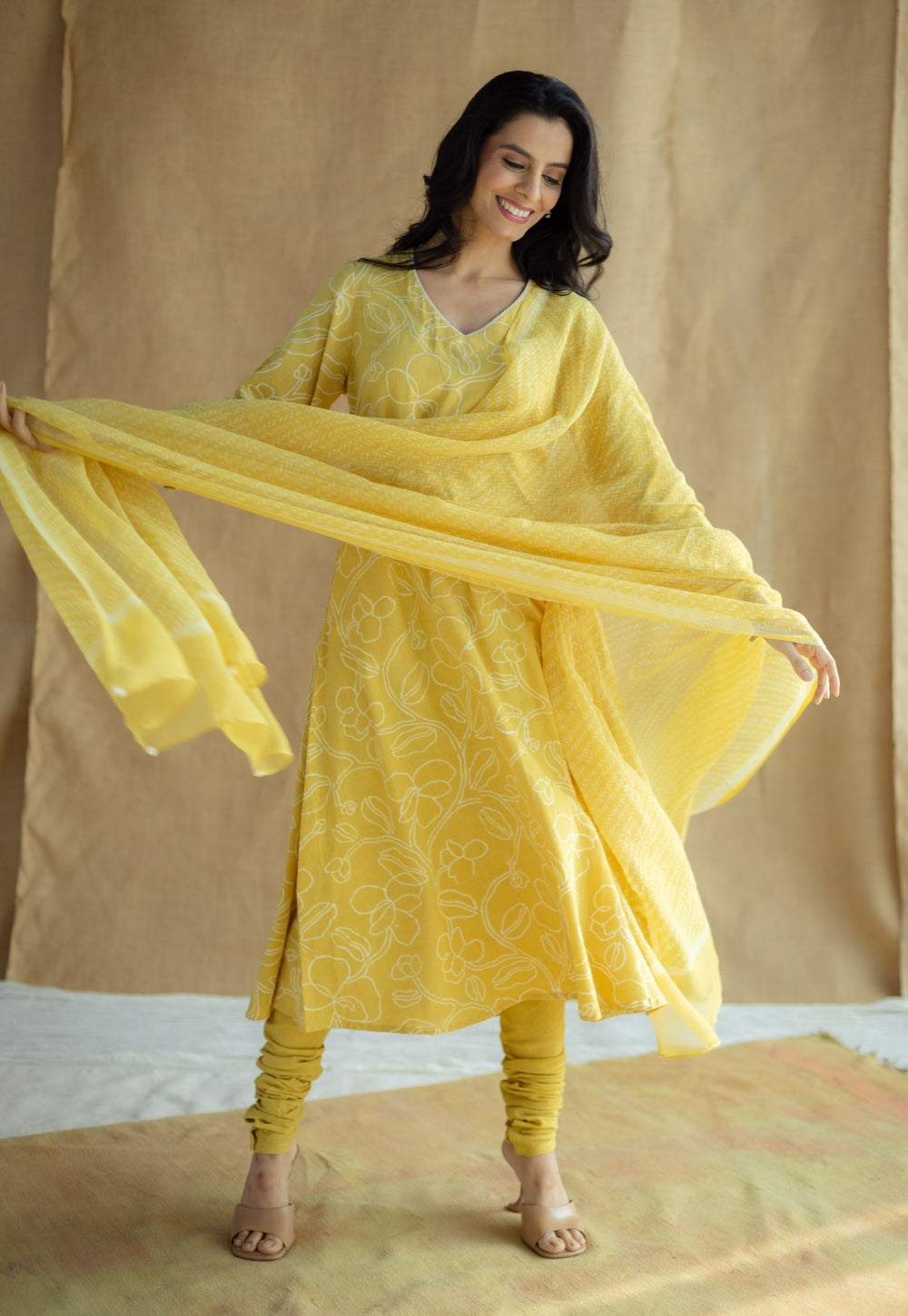 Zoya Mustard Hand Block Print Slub Cotton A Line Kurta with Hand Embroidery