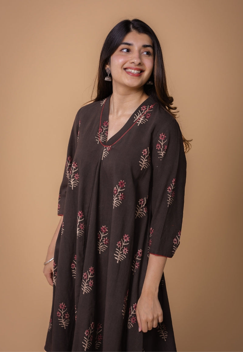 Amairaa Brown Dabu Slub Cotton A Line Kurta