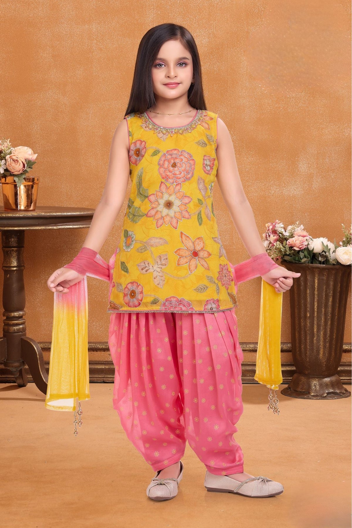 Girls Yellow Floral Embroidered Kurti With Pink Patiala And Dupatta Set
