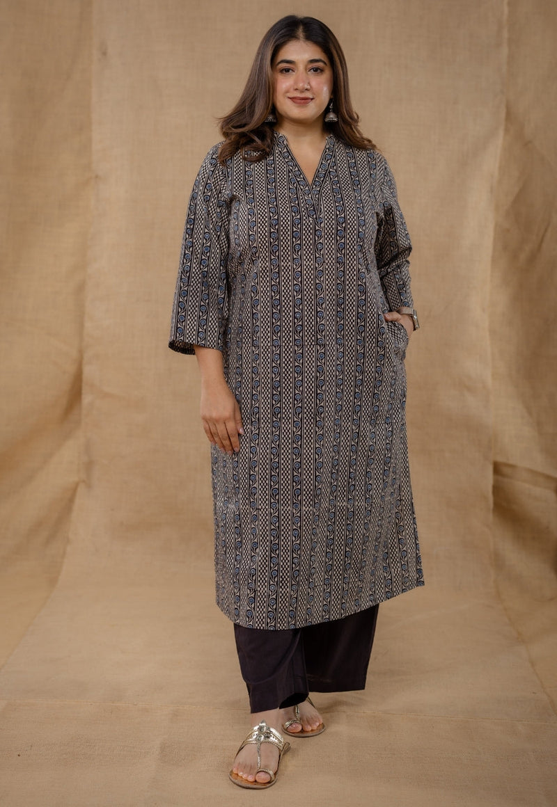 Dia Black Ajrakh Cotton Straight Kurta