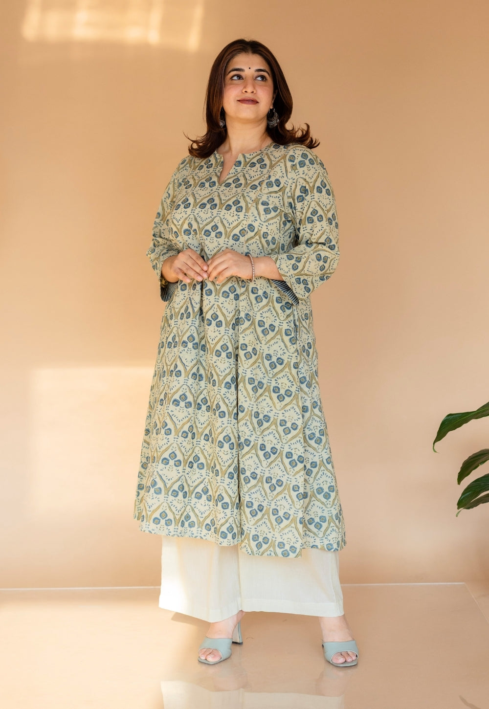 Malika Off White Ajrakh Cotton Kali Kurta with Embroidery
