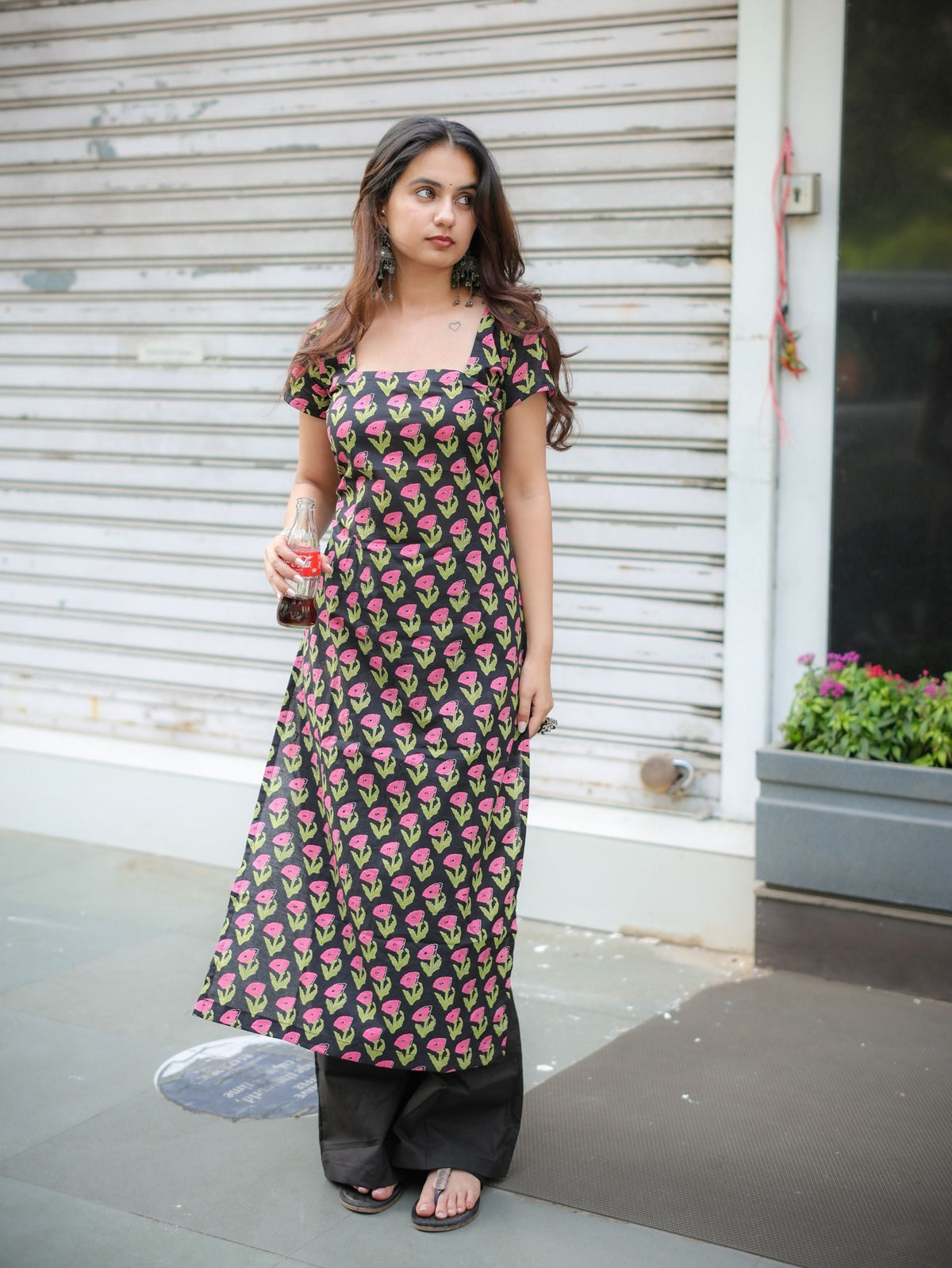 Bougain Veli Black Floral Long Kurta for Women
