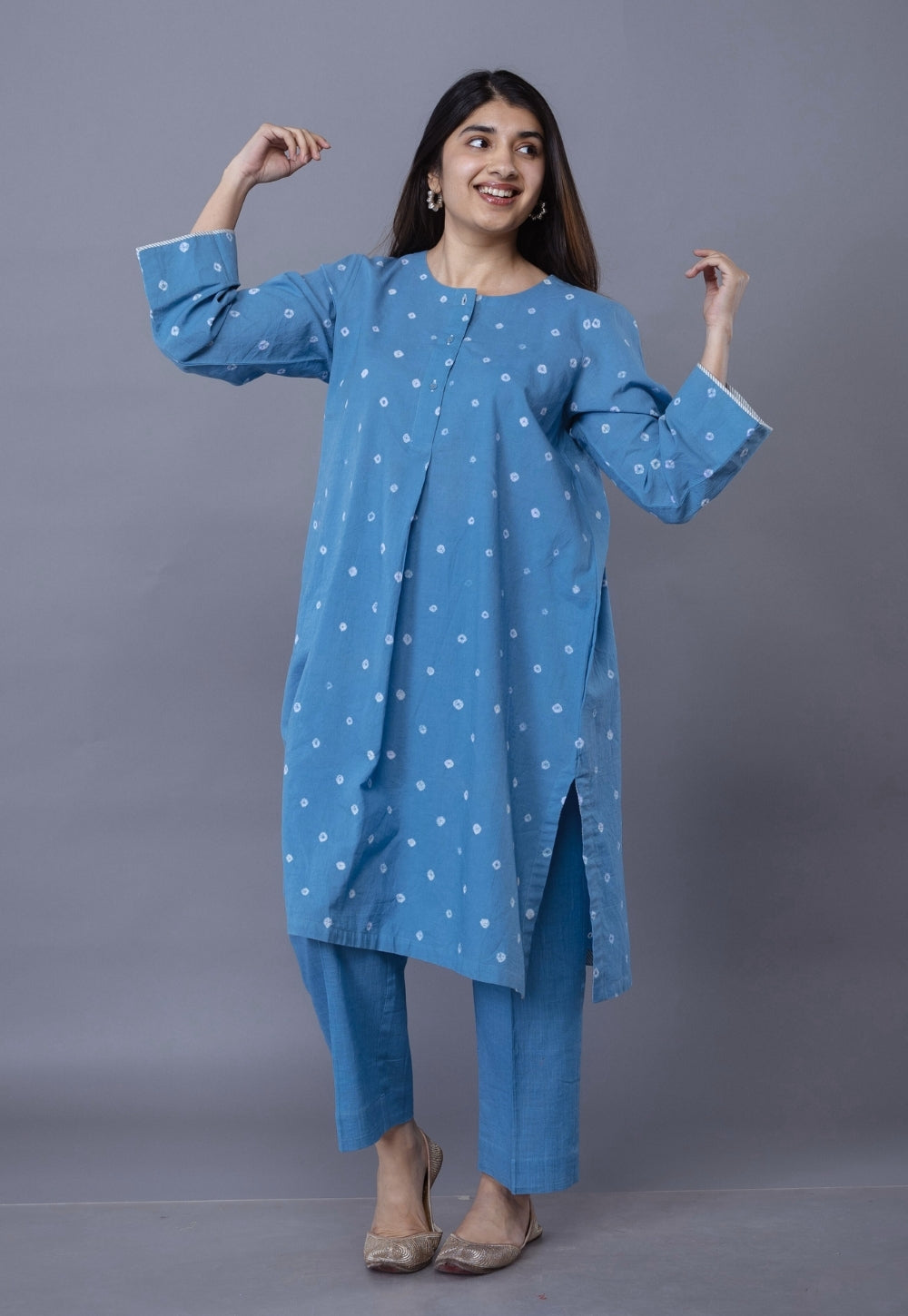 Kaaya Blue Bandhani Cotton Straight Kurta