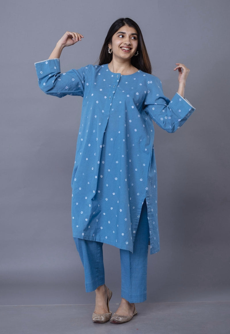 Kaaya Blue Bandhani Cotton Straight Kurta