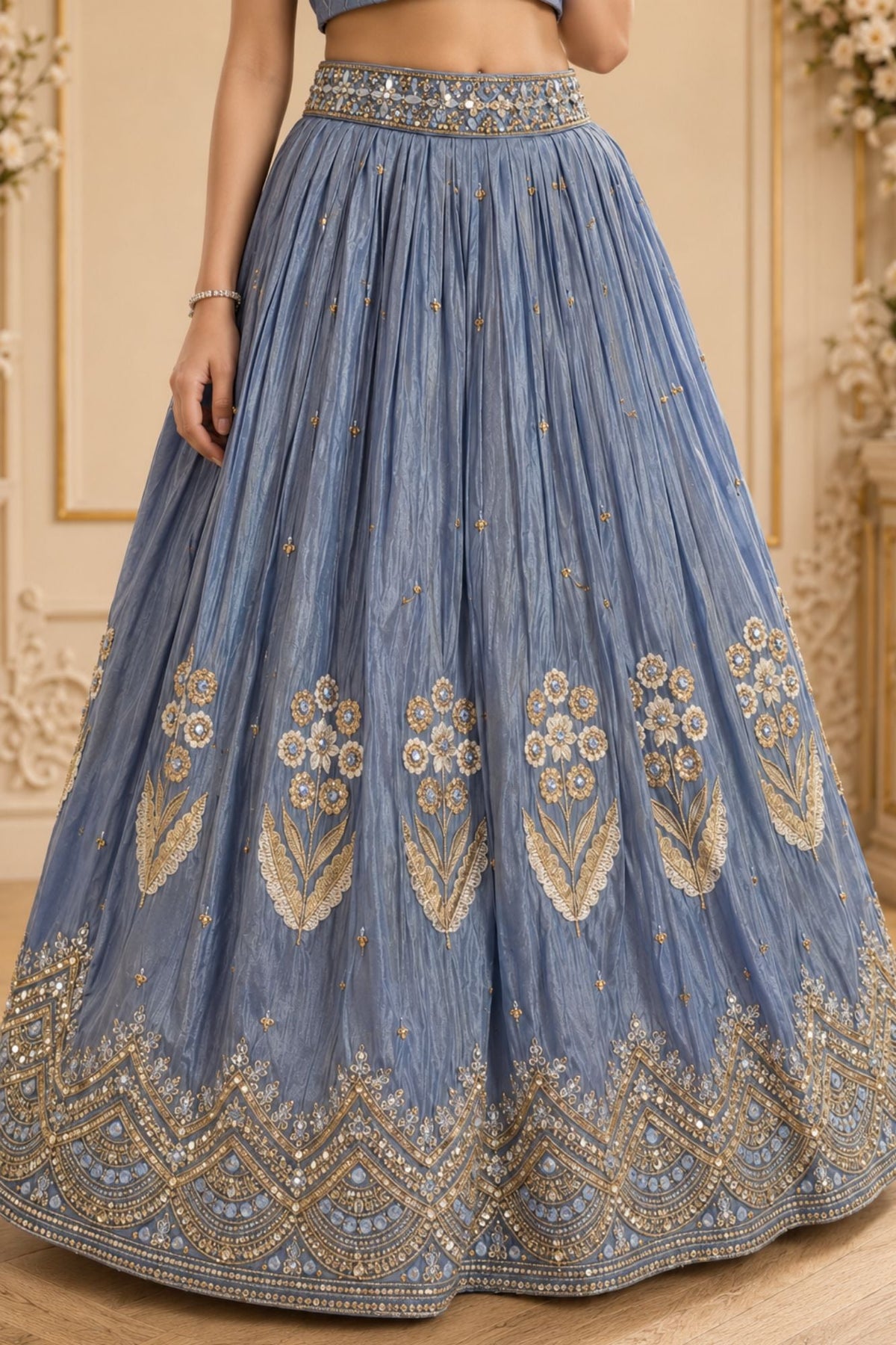 Dusty Blue Heavy Floral Embroidered Lehenga Choli with Jacket