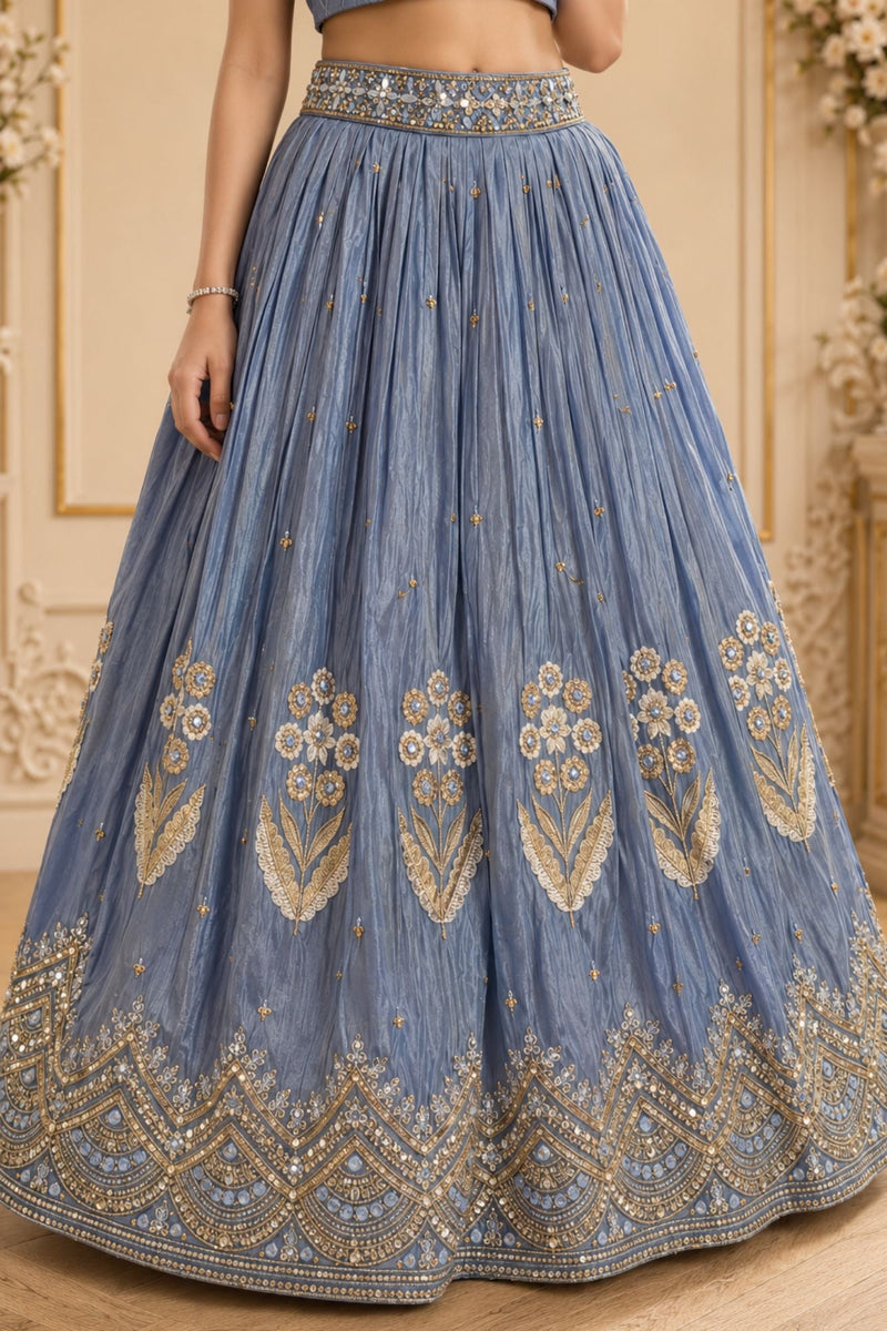 Dusty Blue Heavy Floral Embroidered Lehenga Choli with Jacket