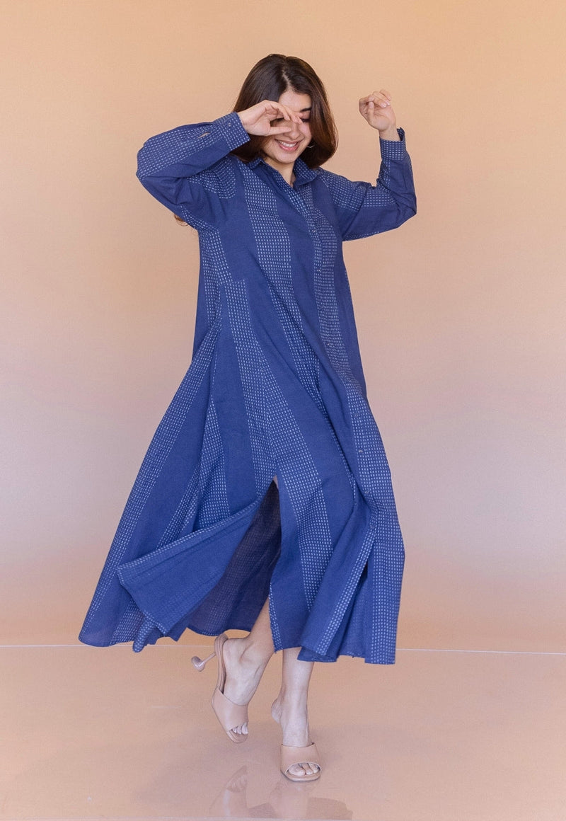 Trusha Blue Dabu Cotton A Line Dress