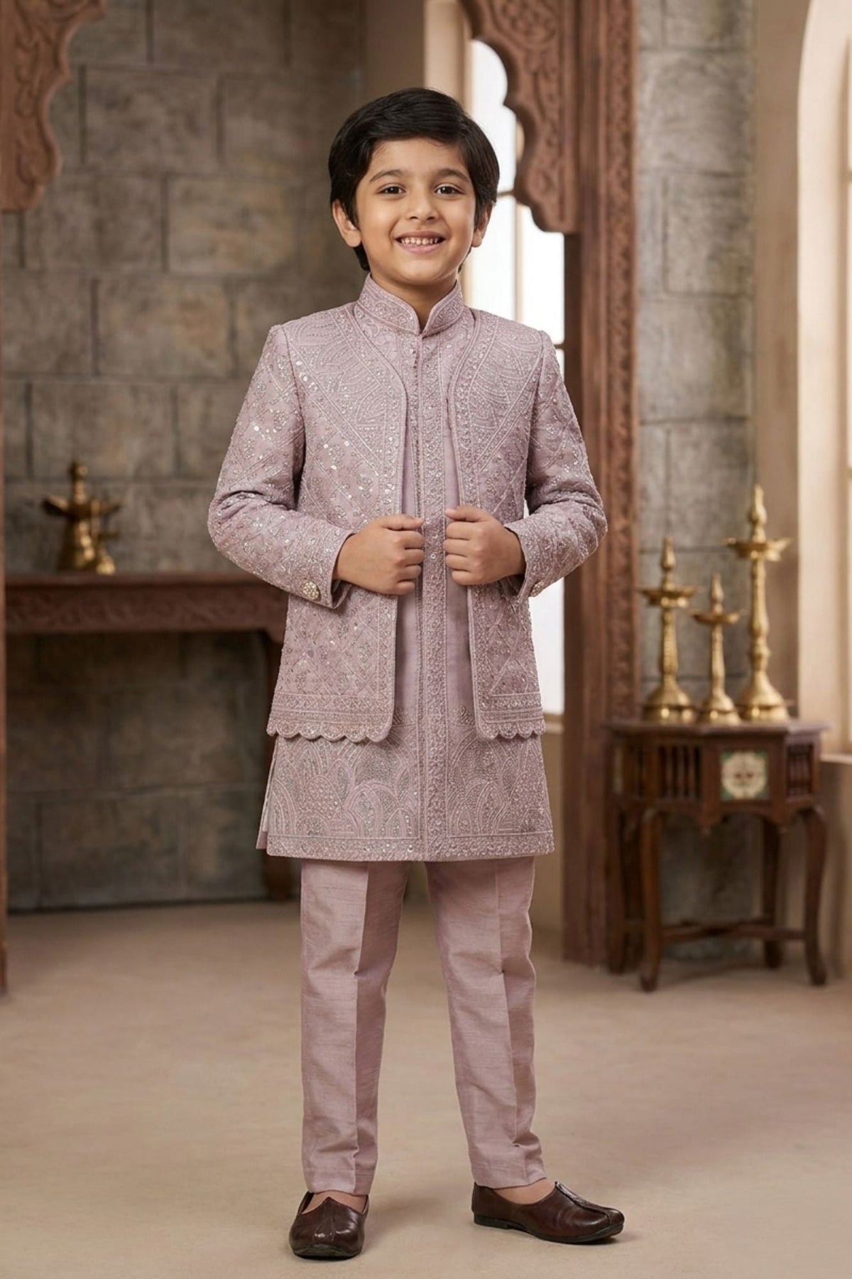 Lavender Embroidered Indo Western Sherwani Set For Boys