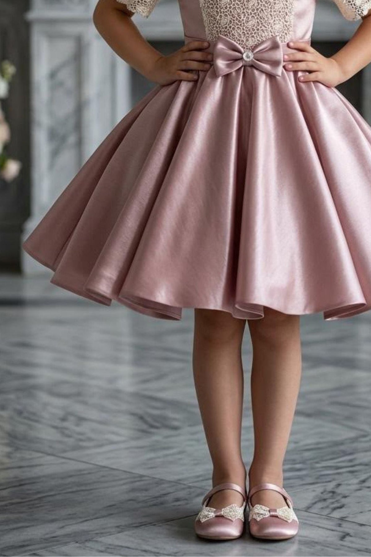 Dusty Pink Satin Party Frock with Floral Lace Bodice