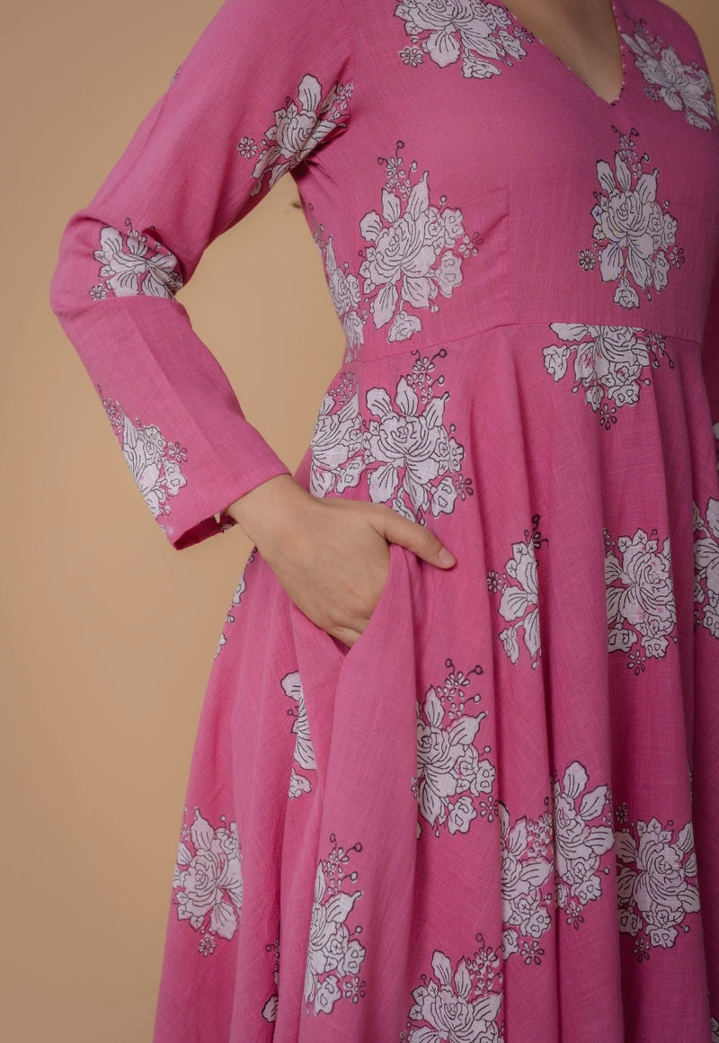 Ruvika Pink Dabu Slub Cotton A Line Kurta
