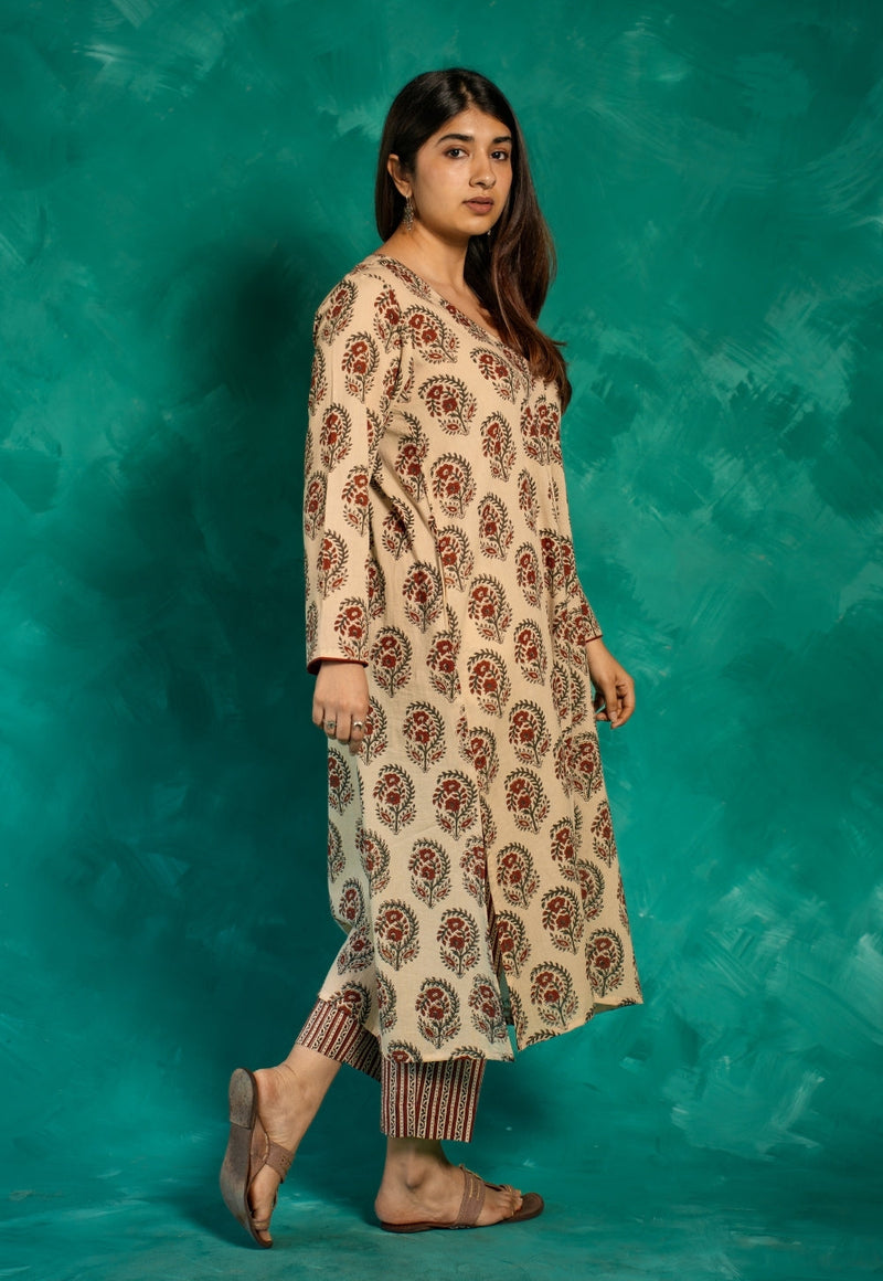 Raila Beige Bagru Cotton Straight Kurta
