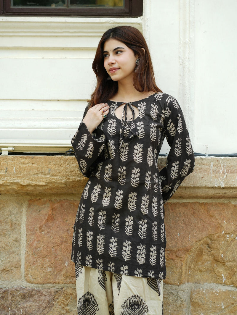 Farah Farshi Set for Women - Black & Beige Handblock Cotton Two Piece Set