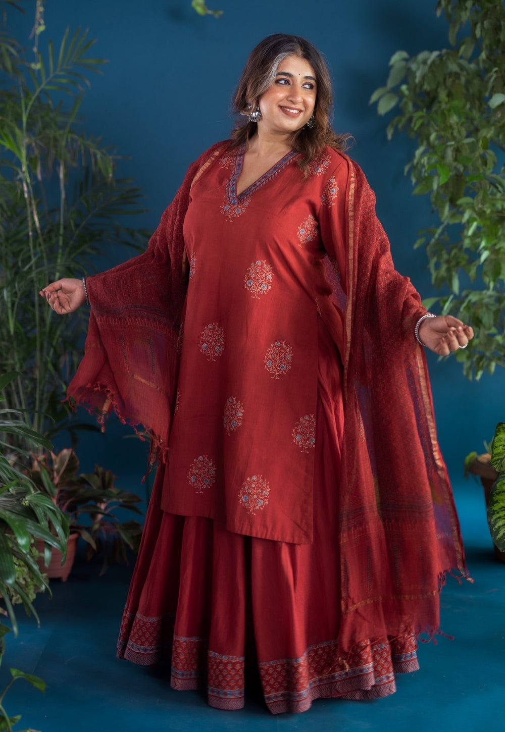 Zureen Red Solid Cotton A Line Skirt