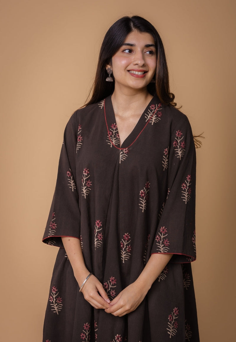 Amairaa Brown Dabu Slub Cotton A Line Kurta