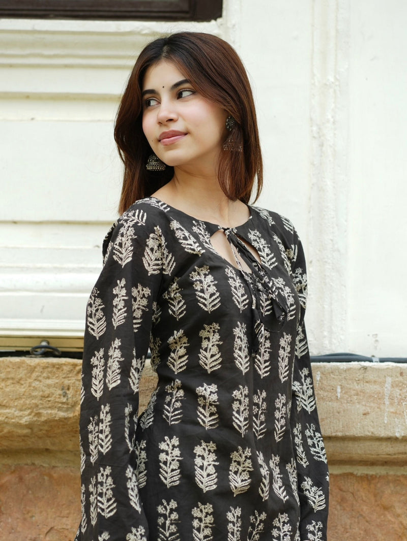Farah Farshi Set for Women - Black & Beige Handblock Cotton Two Piece Set