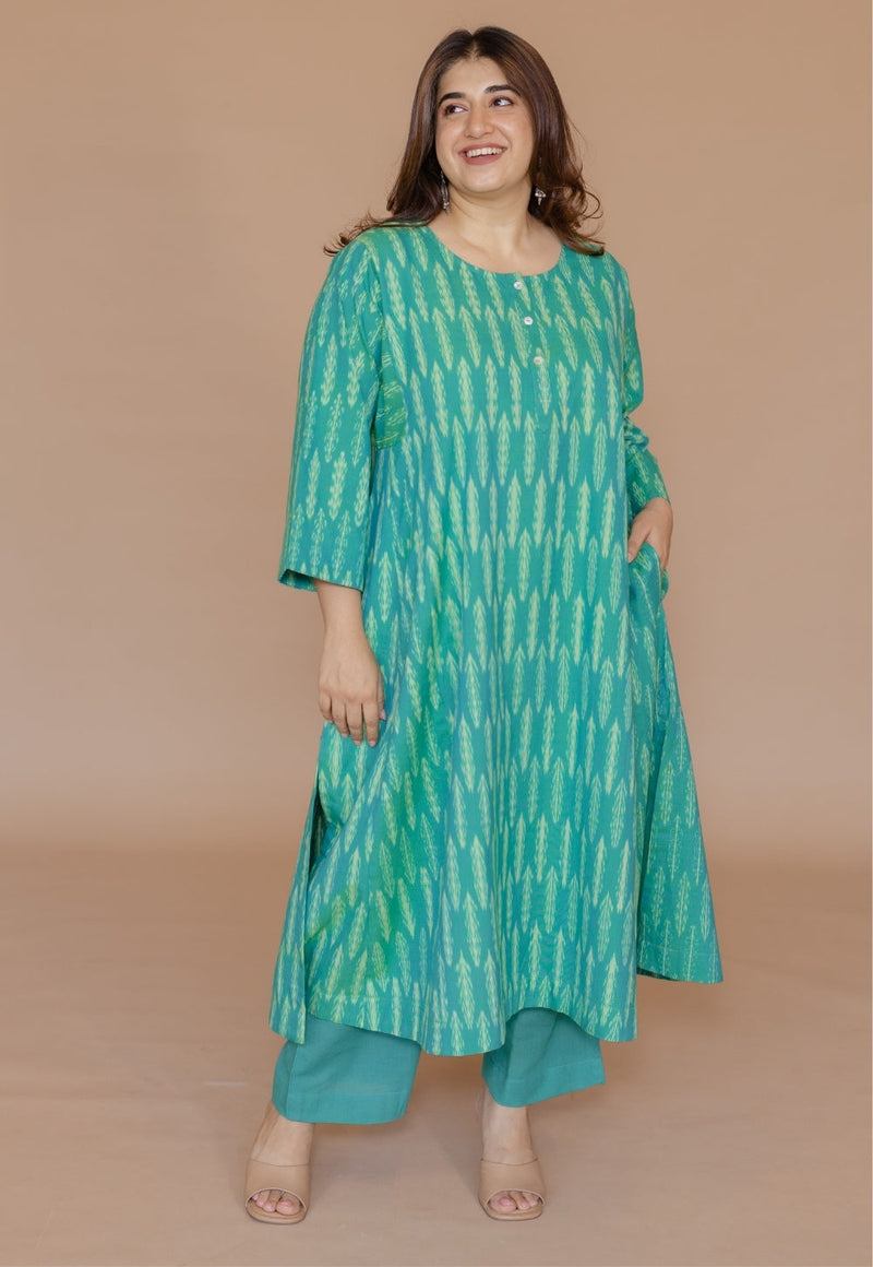 Alizah Green Handloom Ikkat Cotton Jhabbha Kali Kurta