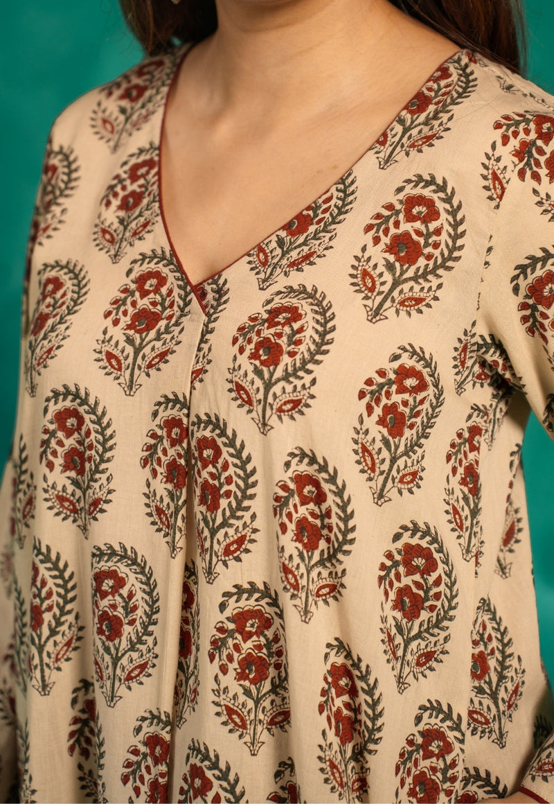 Raila Beige Bagru Cotton Straight Kurta