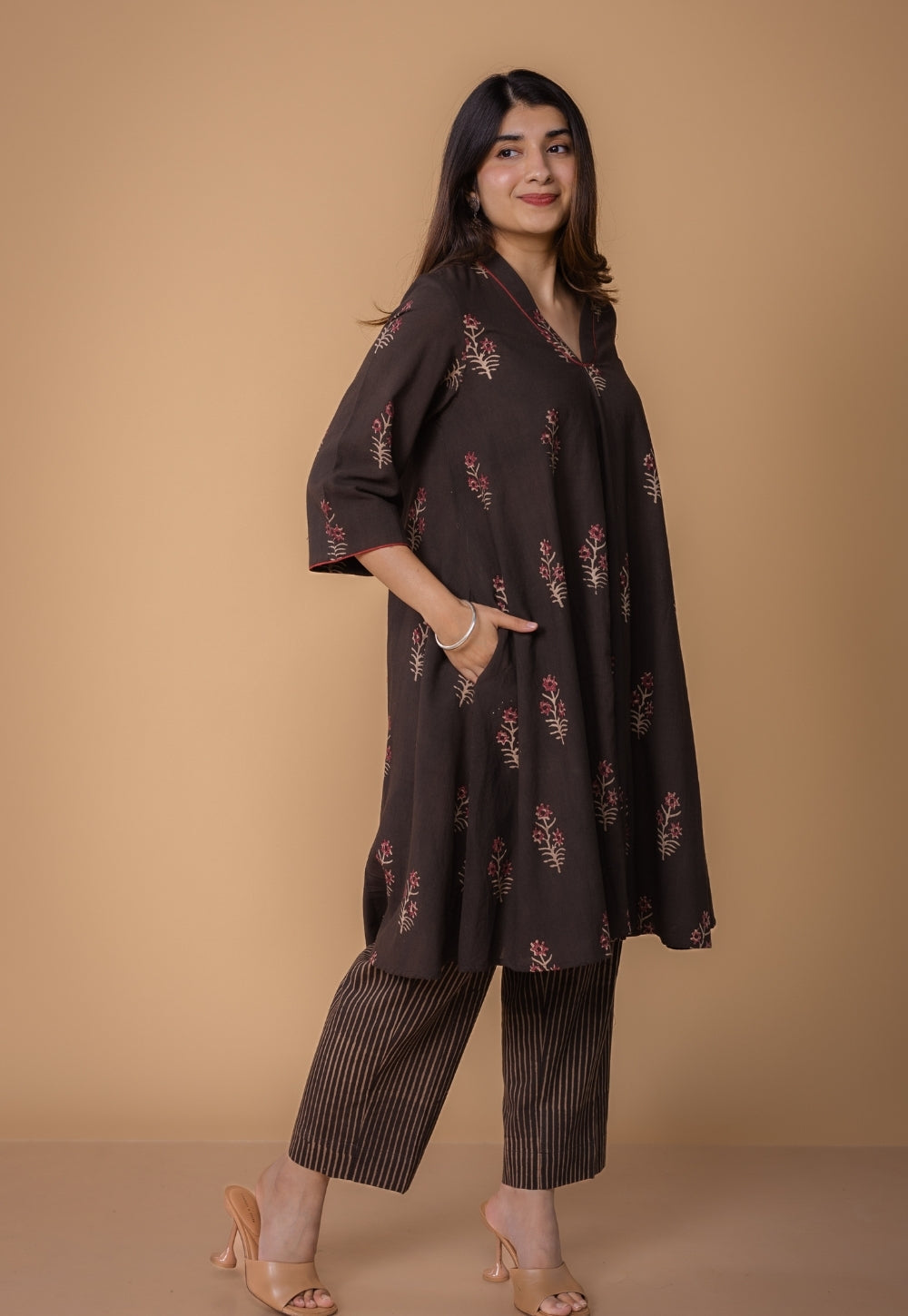 Amairaa Brown Dabu Slub Cotton A Line Kurta